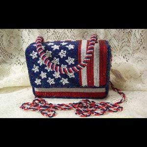 American Flag Hard Case Beaded Bag w/ Mirror